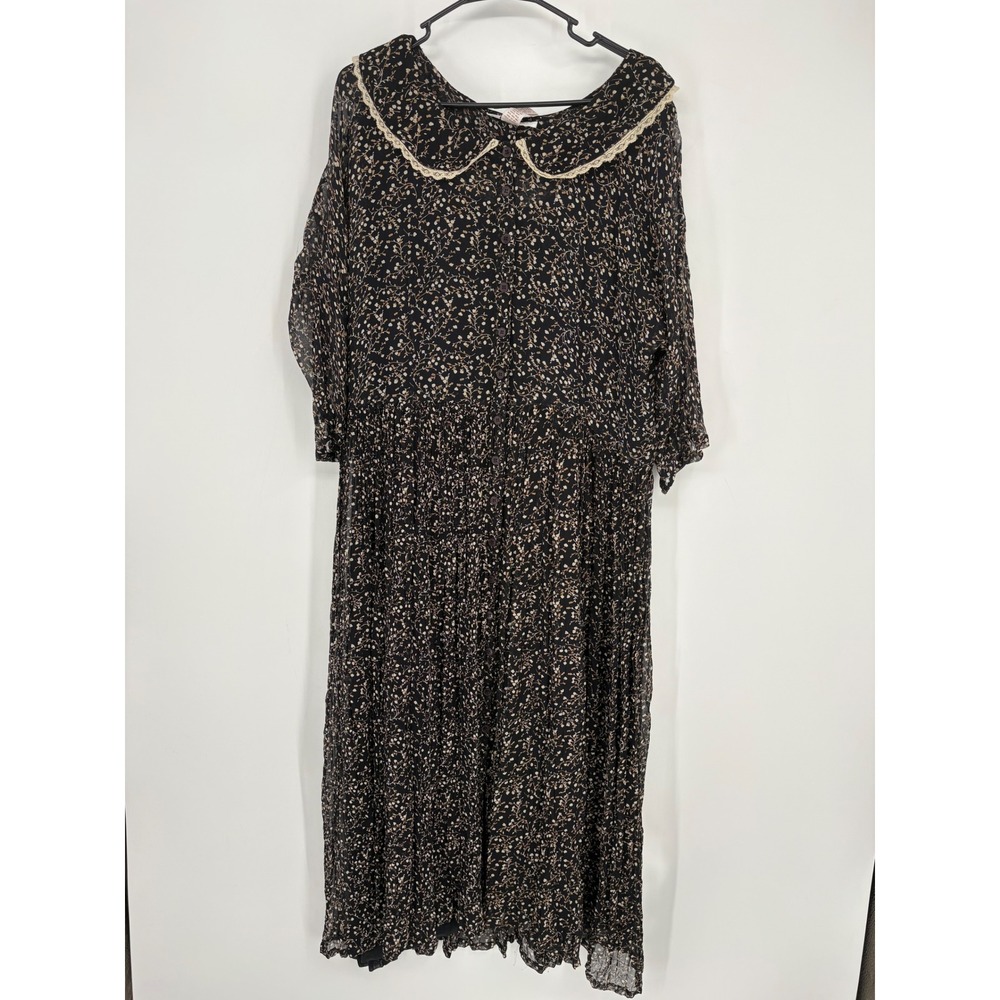 Ellen Ashley Dress Women L Black Floral Peter Pan Collar Lace Trim Crinkle Maxi